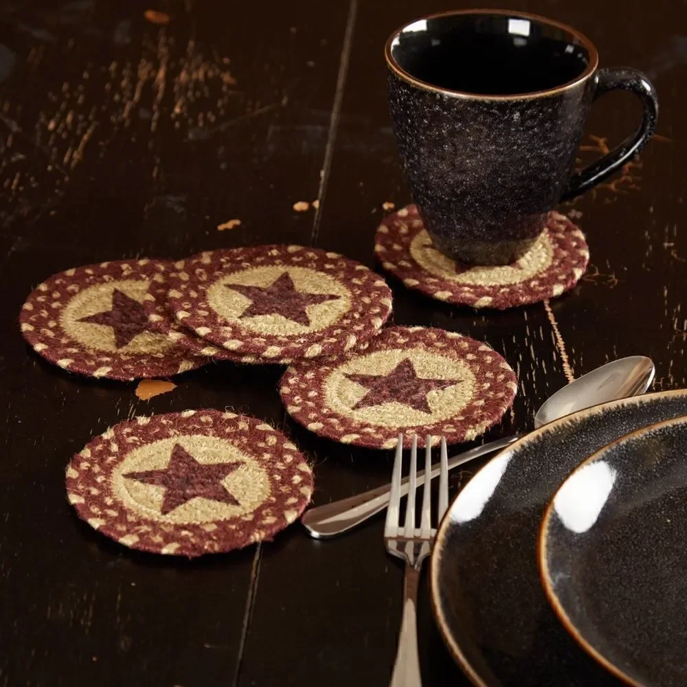 NEW! Primitive Burgundy Star Jute Braided Coaster Set of Six Farmhouse Country